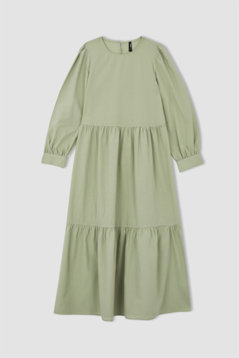 WOMAN Light Green Regular Fit Long Sleeve Maxi Poplin Dress