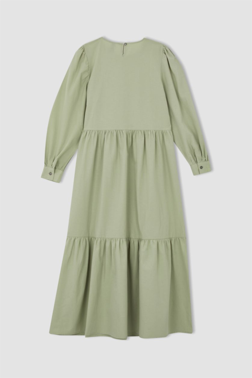 WOMAN Light Green Regular Fit Long Sleeve Maxi Poplin Dress