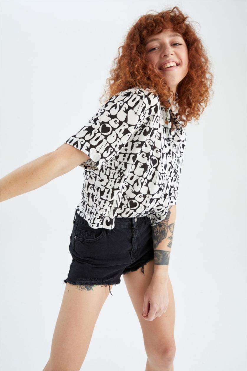 WOMAN Black Relax Fit Patterned Viscose Shirt