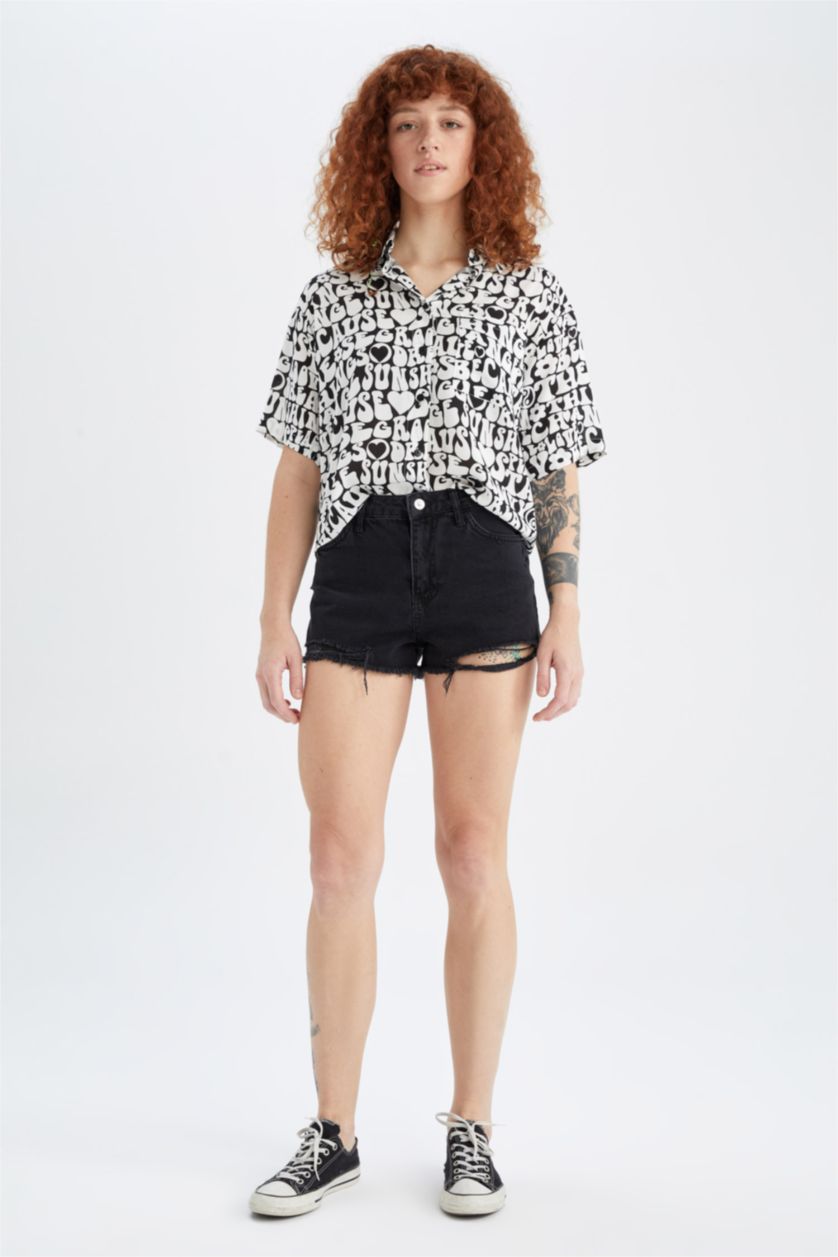 WOMAN Black Relax Fit Patterned Viscose Shirt