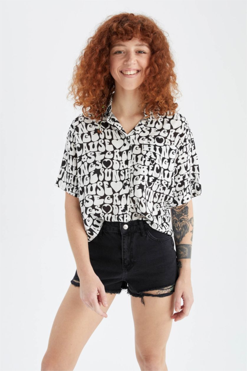 WOMAN Black Relax Fit Patterned Viscose Shirt