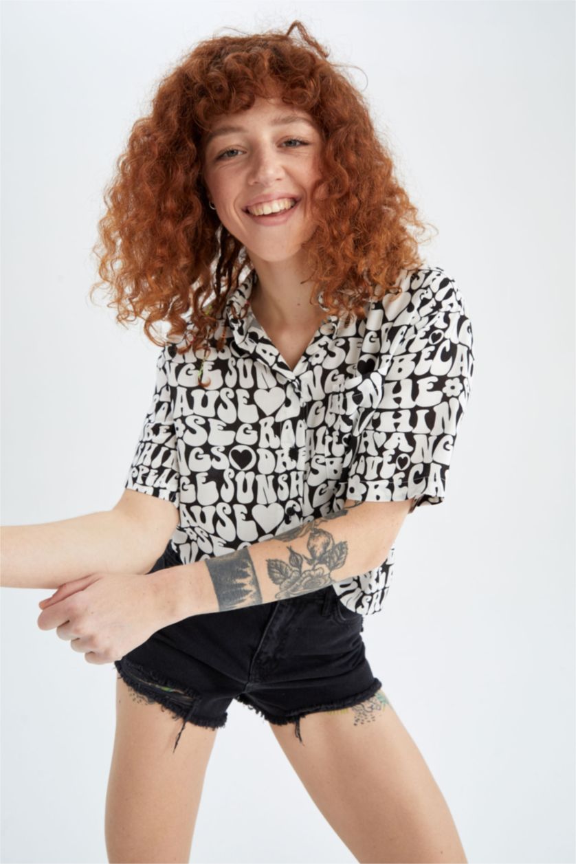 WOMAN Black Relax Fit Patterned Viscose Shirt