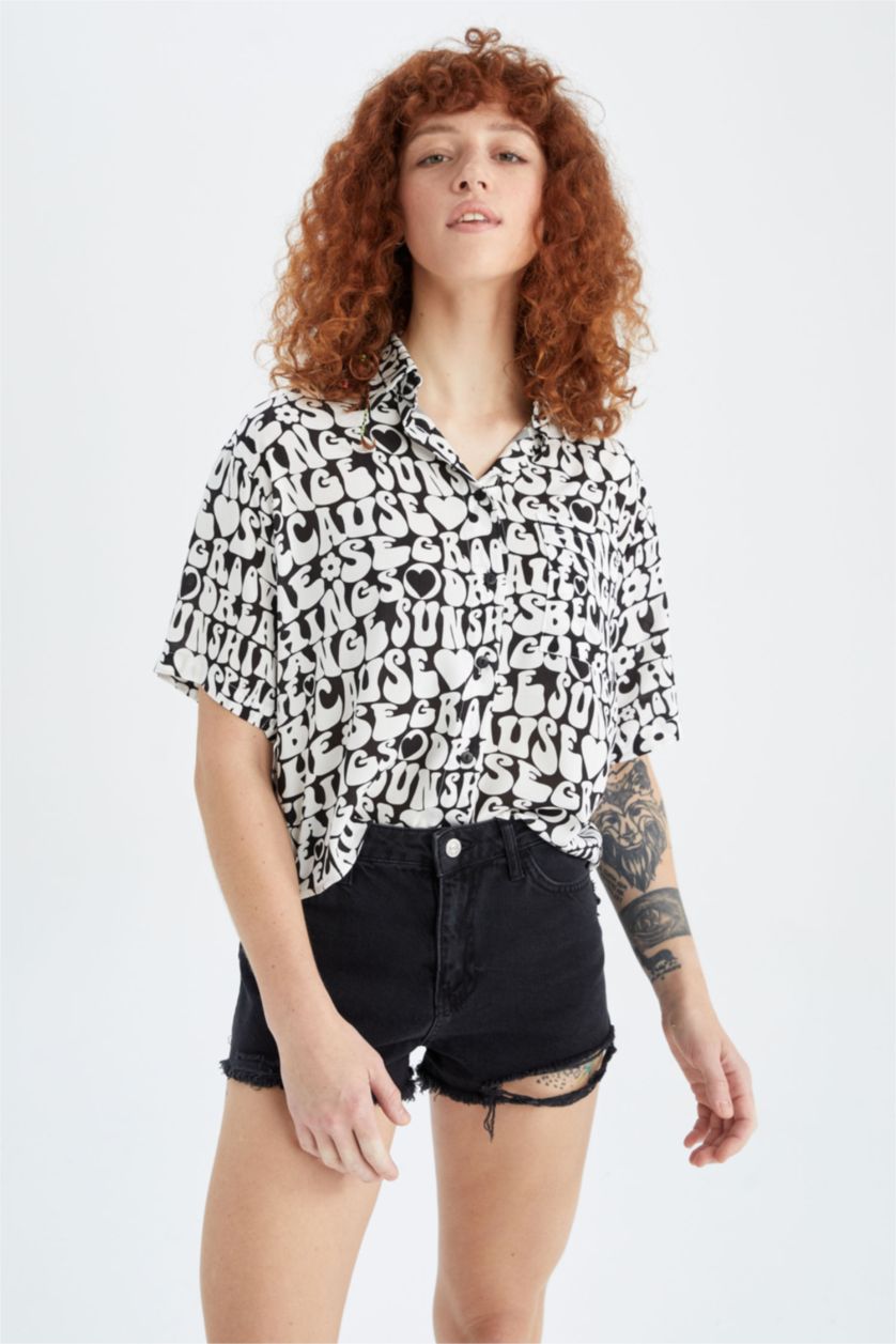 WOMAN Black Relax Fit Patterned Viscose Shirt