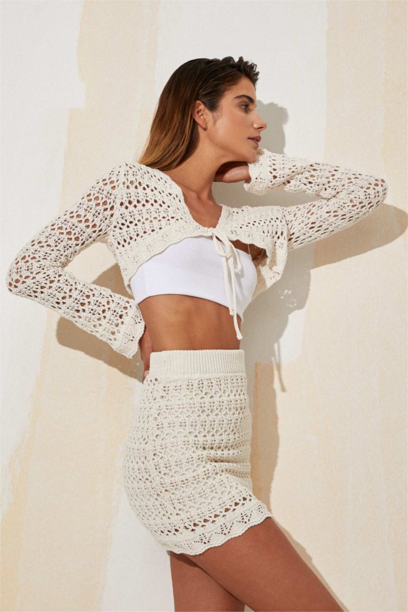 FEMME Écru Mini-Jupe Ajustée En Tricot Ajouré