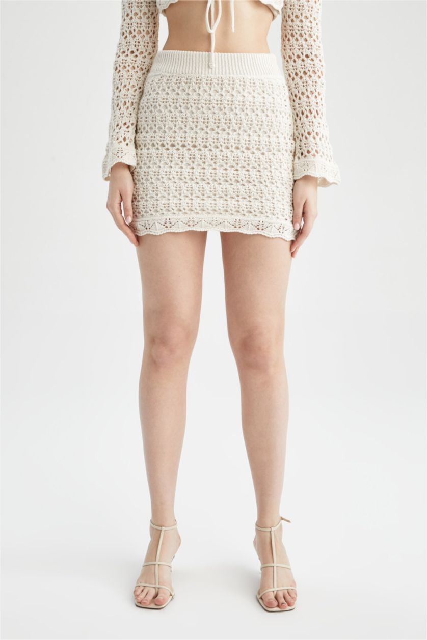 FEMME Écru Mini-Jupe Ajustée En Tricot Ajouré