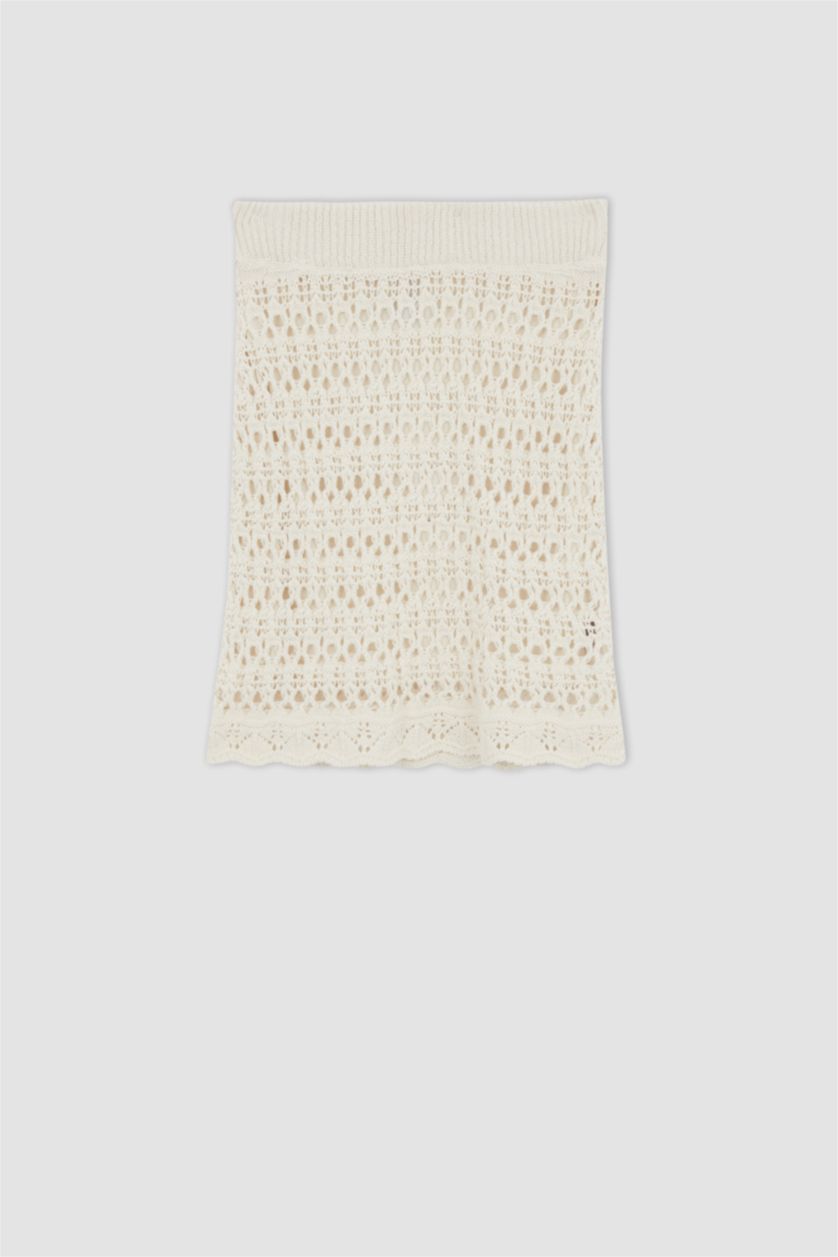 FEMME Écru Mini-Jupe Ajustée En Tricot Ajouré