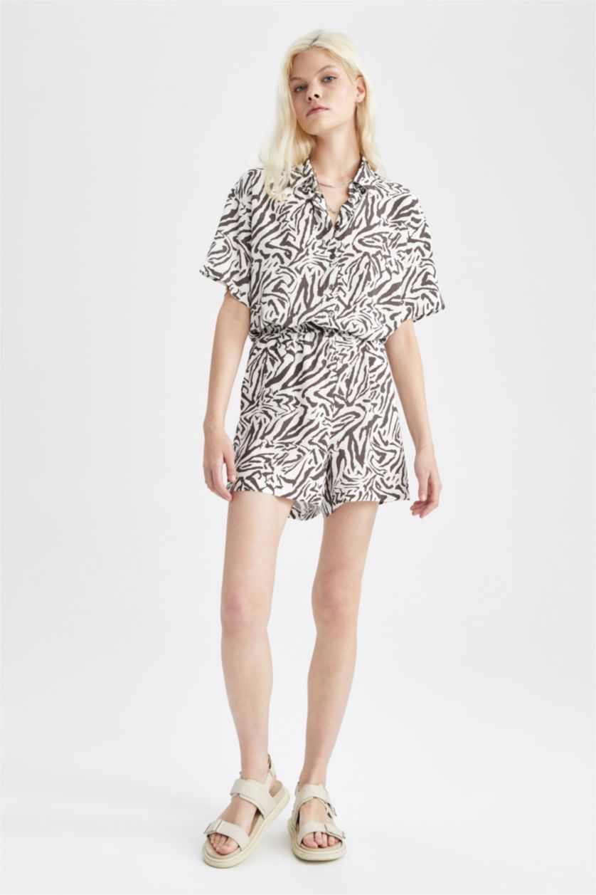 WOMAN Ecru Relax Fit Short Sleeve Printed Viscose Shirt