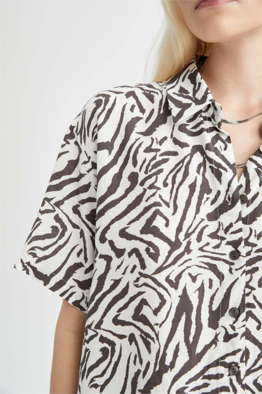 WOMAN Ecru Relax Fit Short Sleeve Printed Viscose Shirt