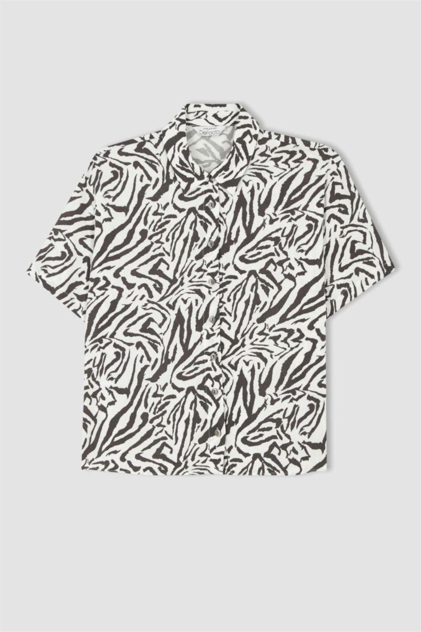 WOMAN Ecru Relax Fit Short Sleeve Printed Viscose Shirt