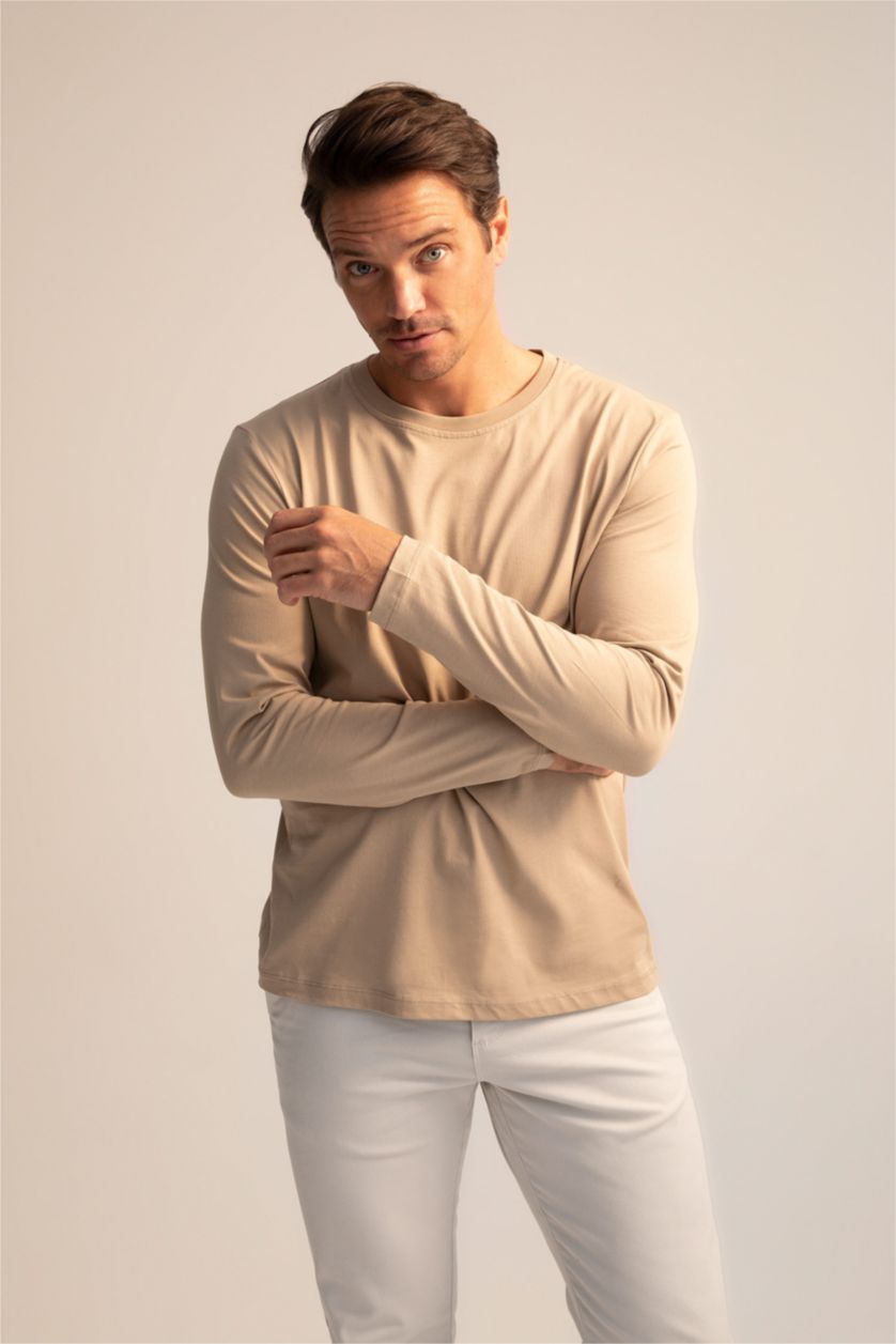 HOMME Beige T-shirt basique à manches longues et col ras du cou coupe slim