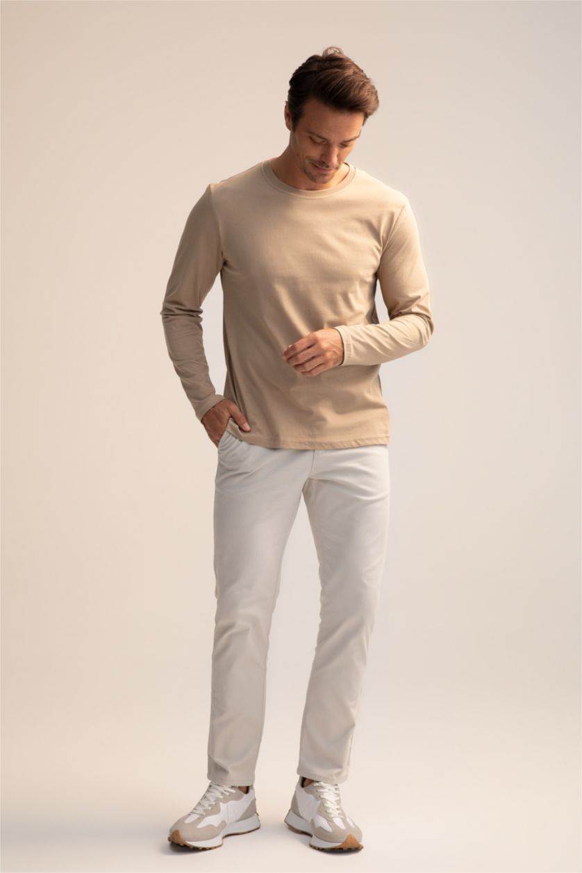 HOMME Beige T-shirt basique à manches longues et col ras du cou coupe slim
