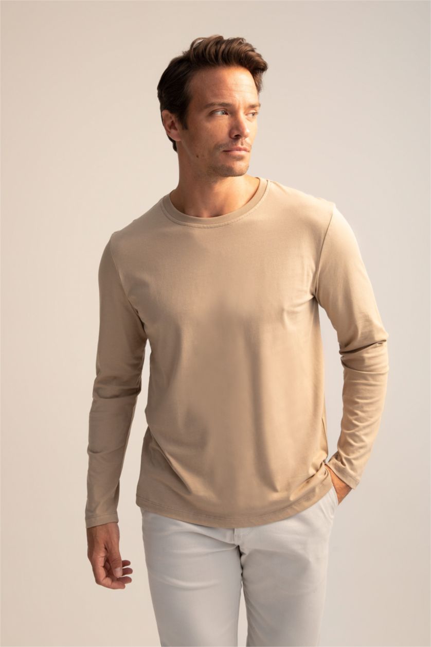 HOMME Beige T-shirt basique à manches longues et col ras du cou coupe slim