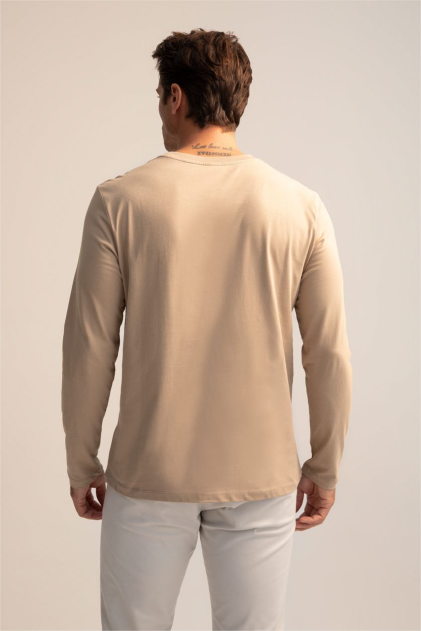HOMME Beige T-shirt basique à manches longues et col ras du cou coupe slim