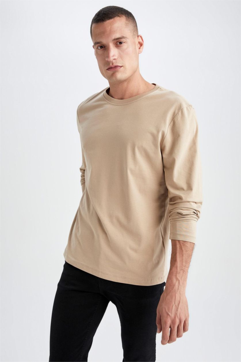 HOMME Beige T-shirt basique à manches longues et col ras du cou coupe slim