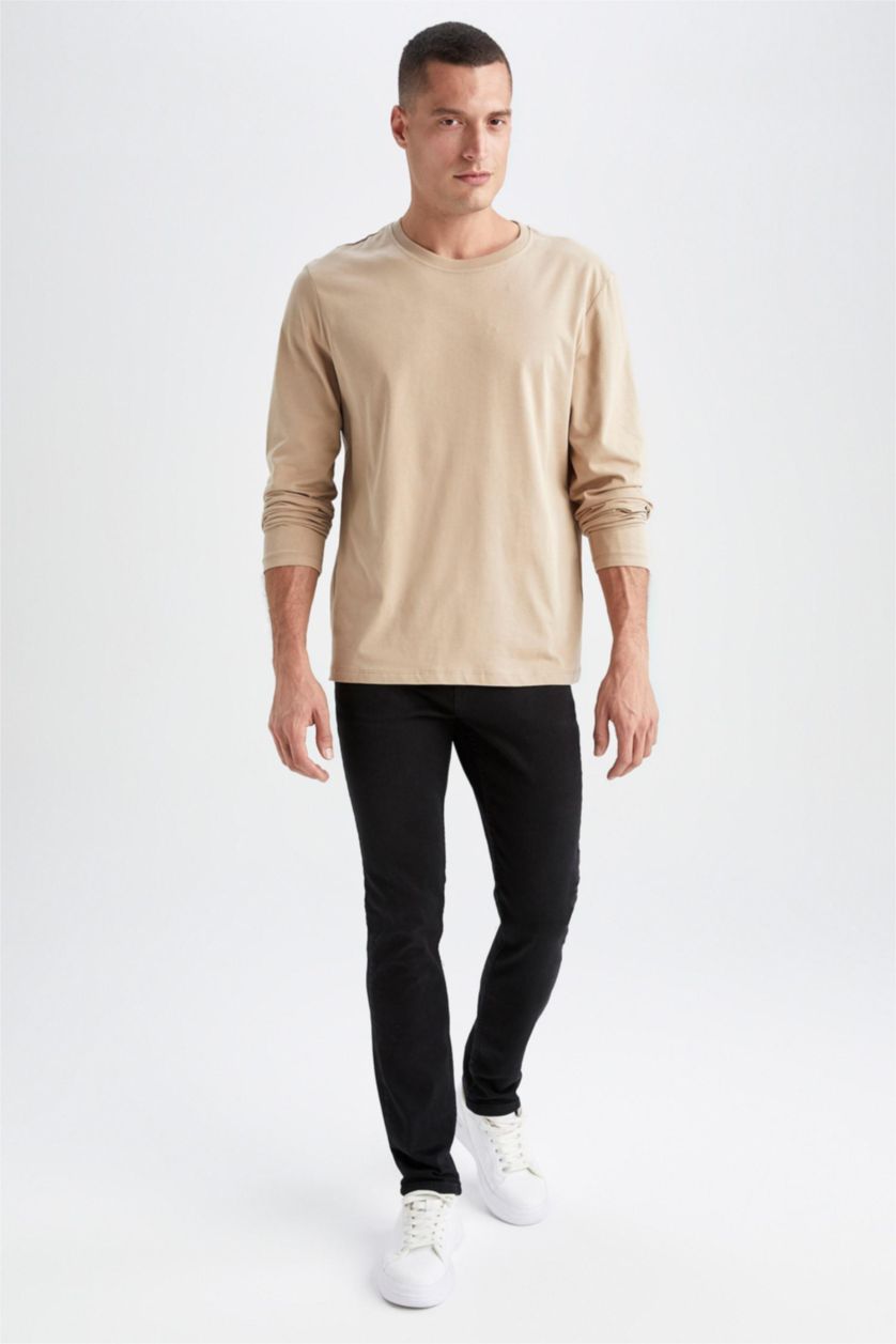 HOMME Beige T-shirt basique à manches longues et col ras du cou coupe slim