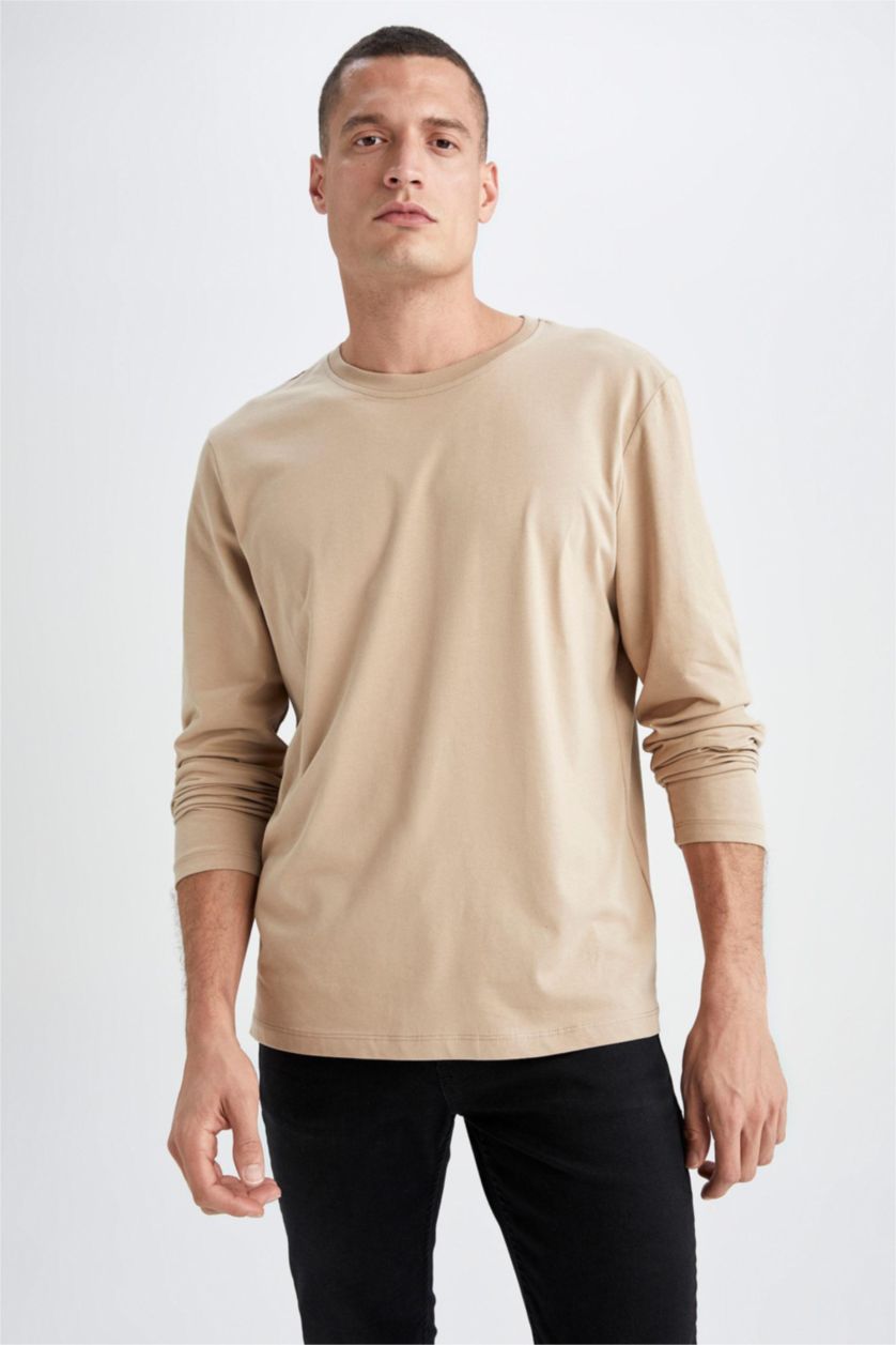HOMME Beige T-shirt basique à manches longues et col ras du cou coupe slim