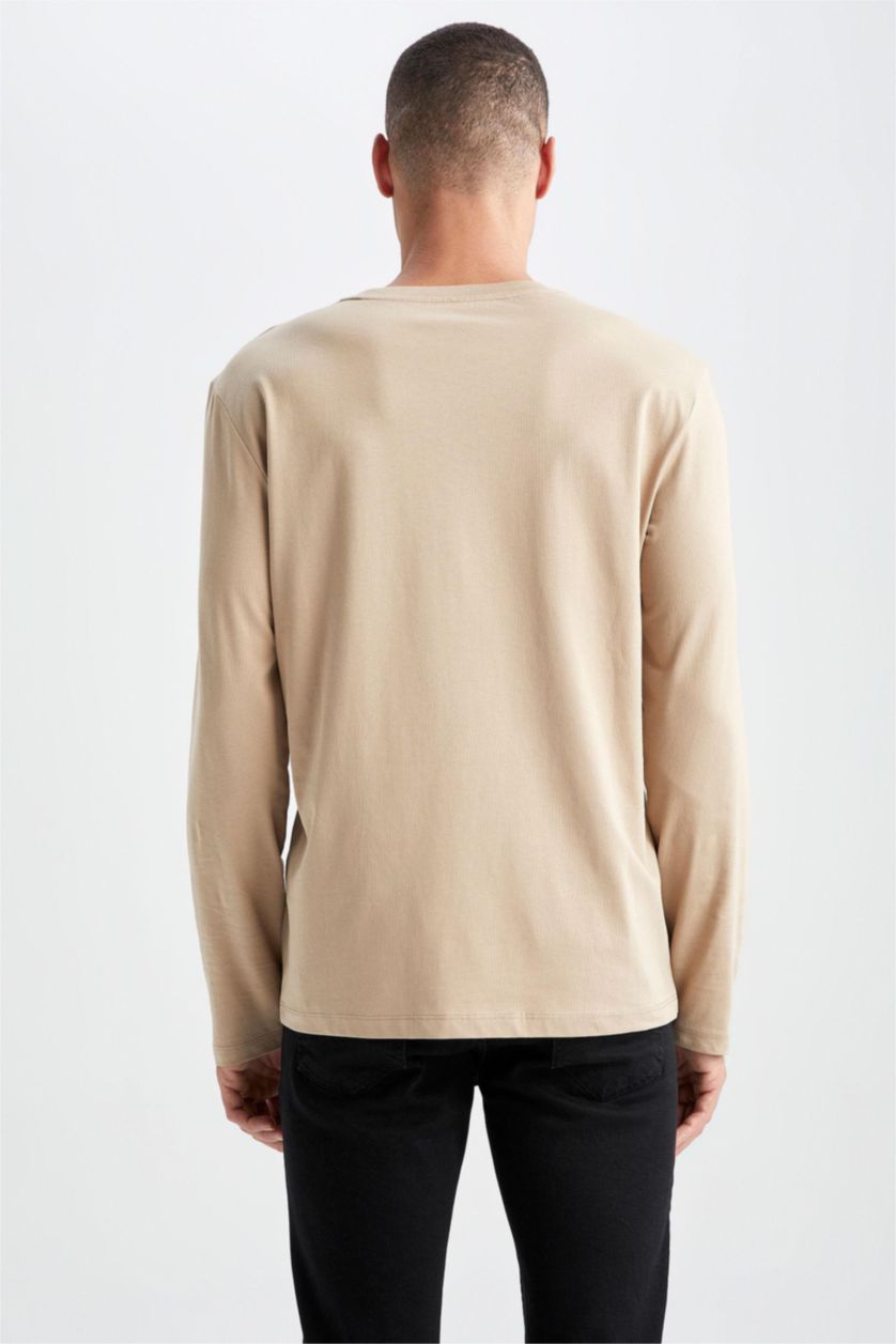 HOMME Beige T-shirt basique à manches longues et col ras du cou coupe slim