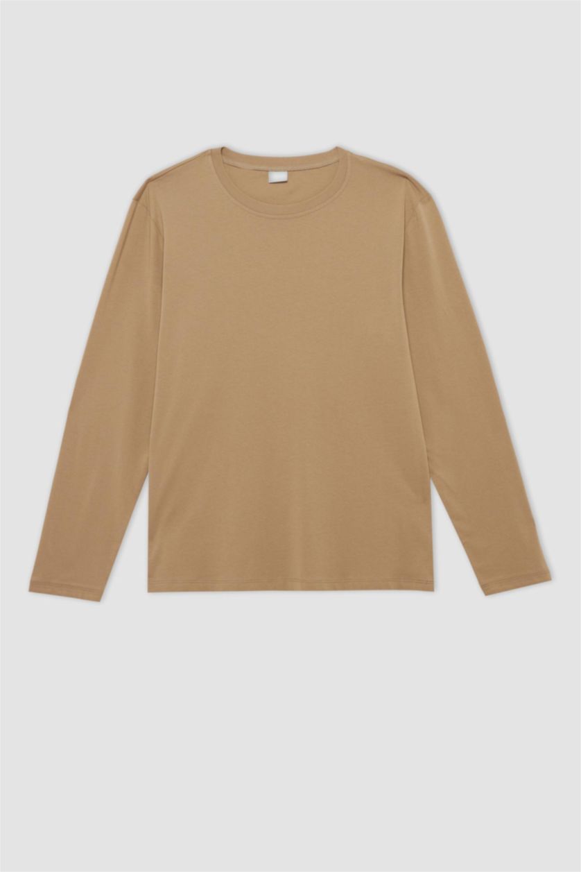 HOMME Beige T-shirt basique à manches longues et col ras du cou coupe slim