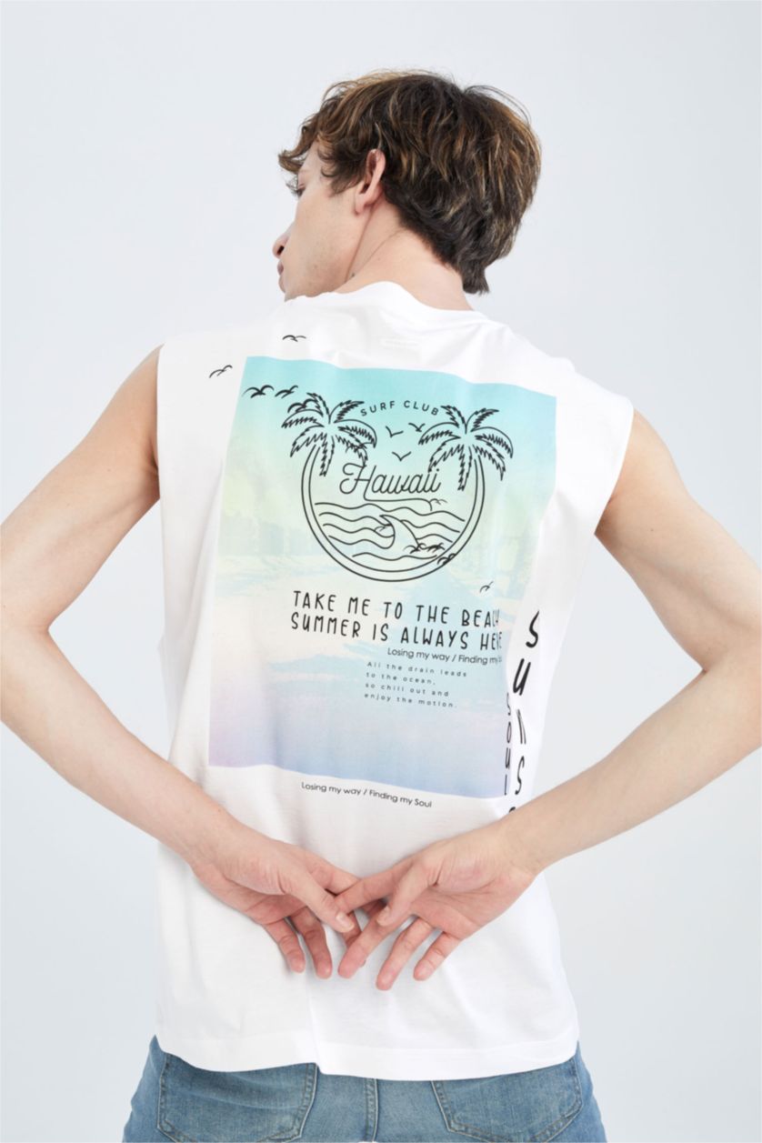 MAN White Boxy Fit Sleeveless Tropical Print Vest