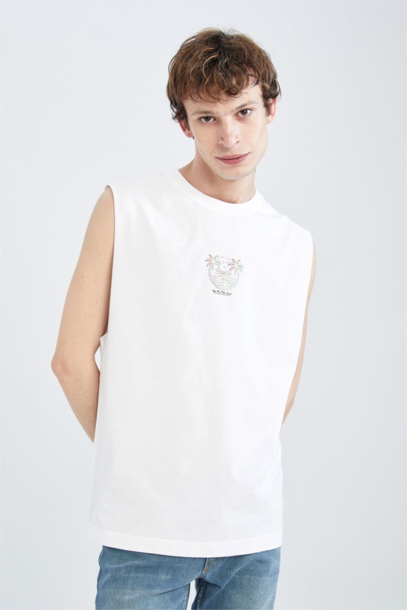 MAN White Boxy Fit Sleeveless Tropical Print Vest