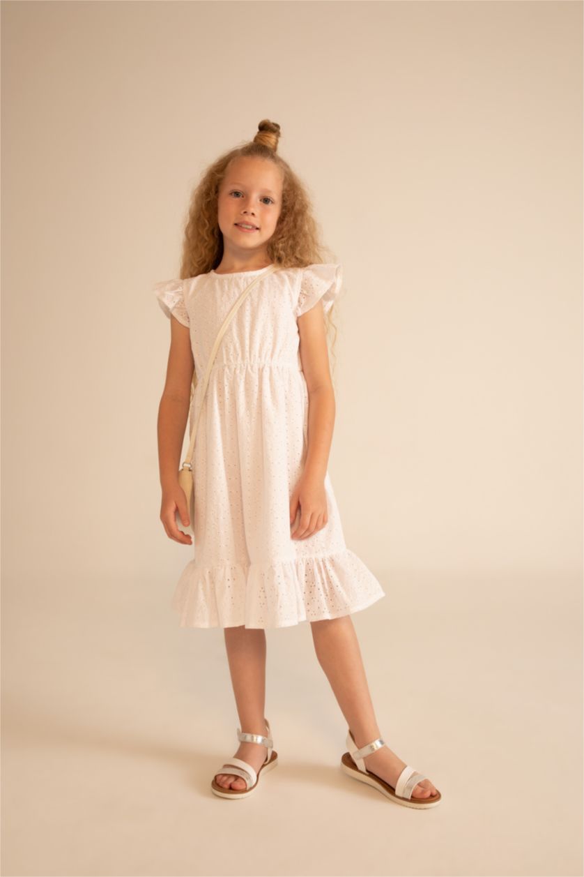 Kız Çocuk - Genç Kız Beyaz Kız Çocuk Regular Fit Kolsuz Pamuklu Dokuma Elbise