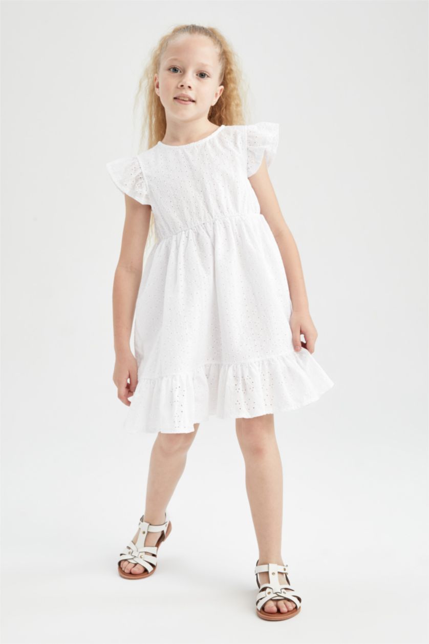 Kız Çocuk - Genç Kız Beyaz Kız Çocuk Regular Fit Kolsuz Pamuklu Dokuma Elbise