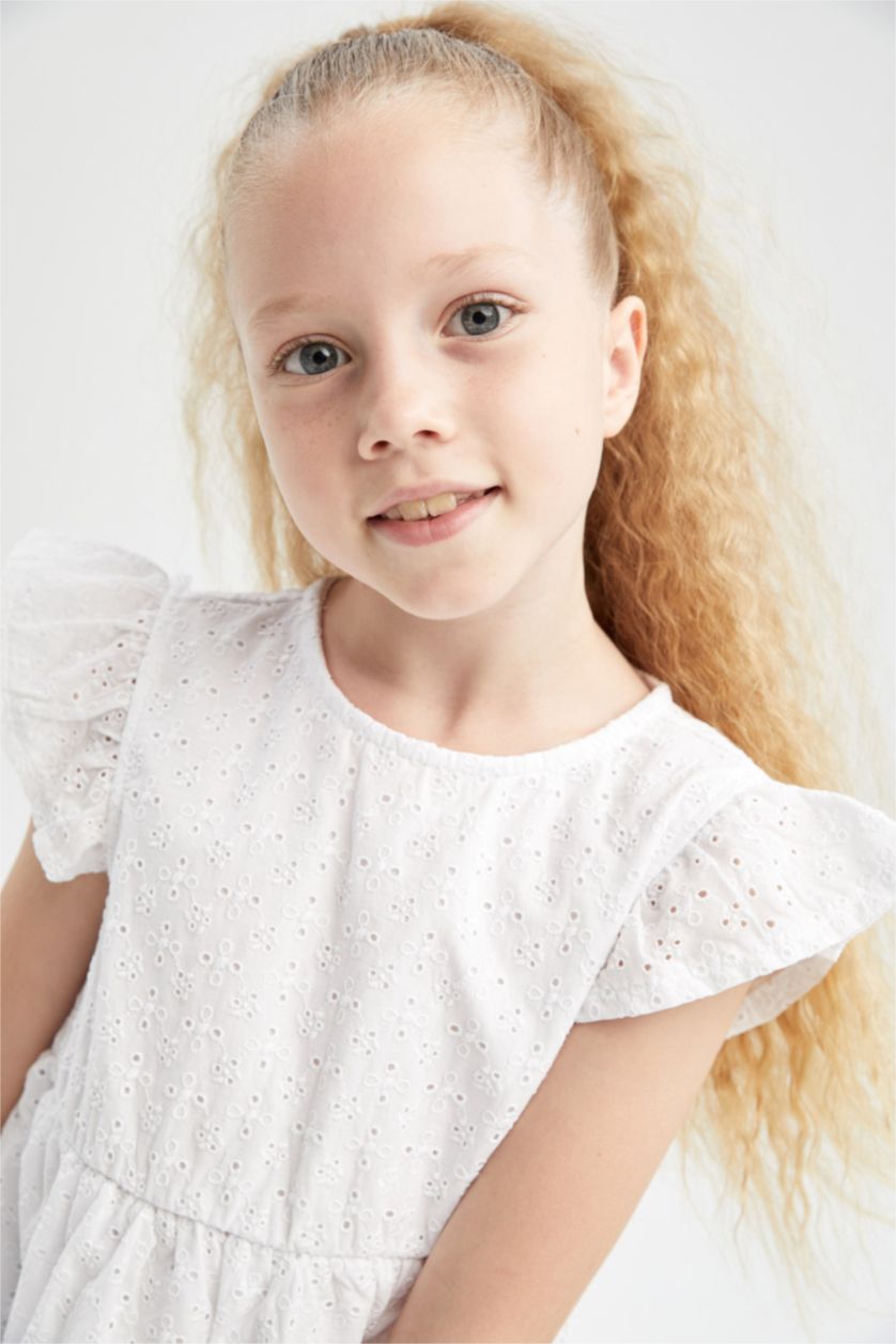 Kız Çocuk - Genç Kız Beyaz Kız Çocuk Regular Fit Kolsuz Pamuklu Dokuma Elbise