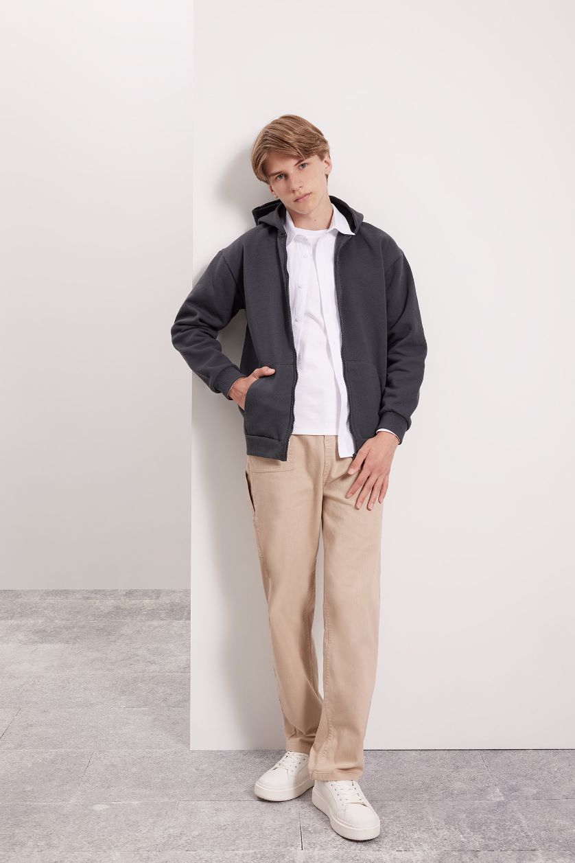 Erkek Çocuk - Genç Erkek Antrasit Antrasit Basic Düz Kapüşonlu Fermuarlı Okul Hırkası Erkek Çocuk