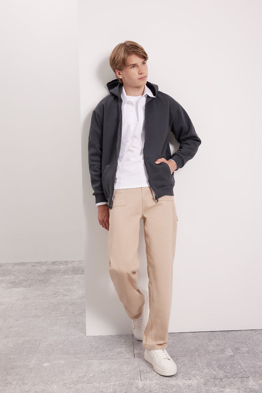 Erkek Çocuk - Genç Erkek Antrasit Antrasit Basic Düz Kapüşonlu Fermuarlı Okul Hırkası Erkek Çocuk