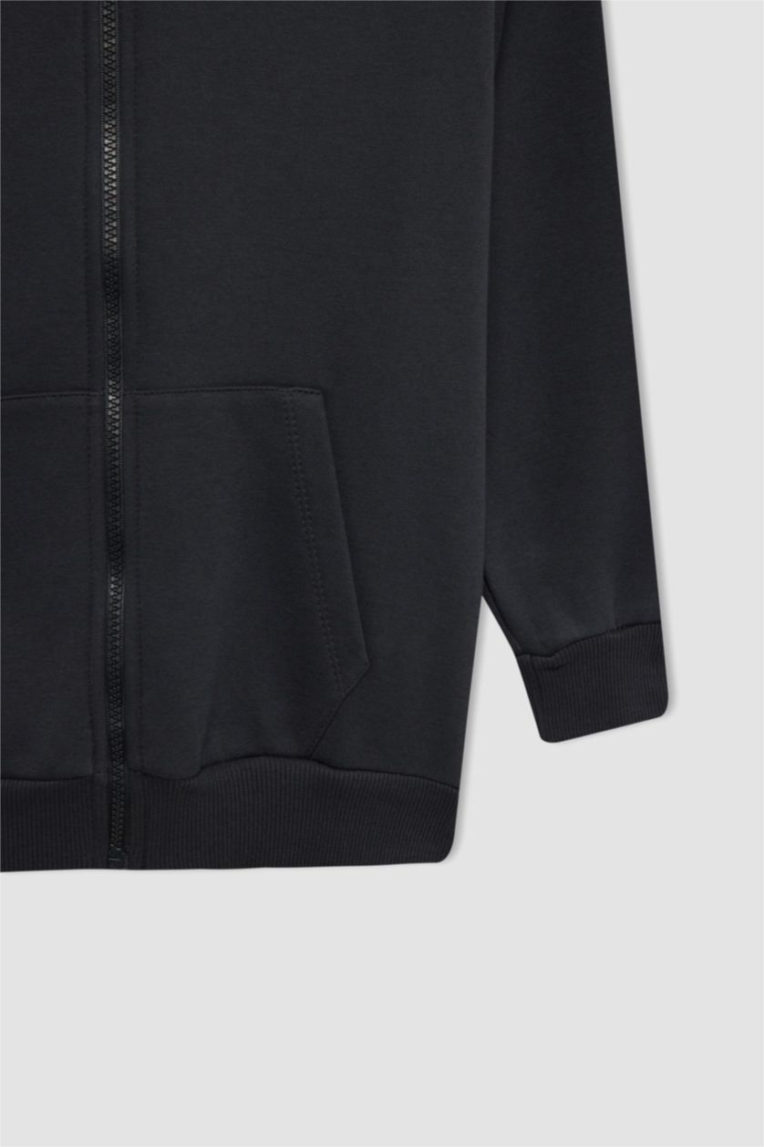 Erkek Çocuk - Genç Erkek Antrasit Antrasit Basic Düz Kapüşonlu Fermuarlı Okul Hırkası Erkek Çocuk