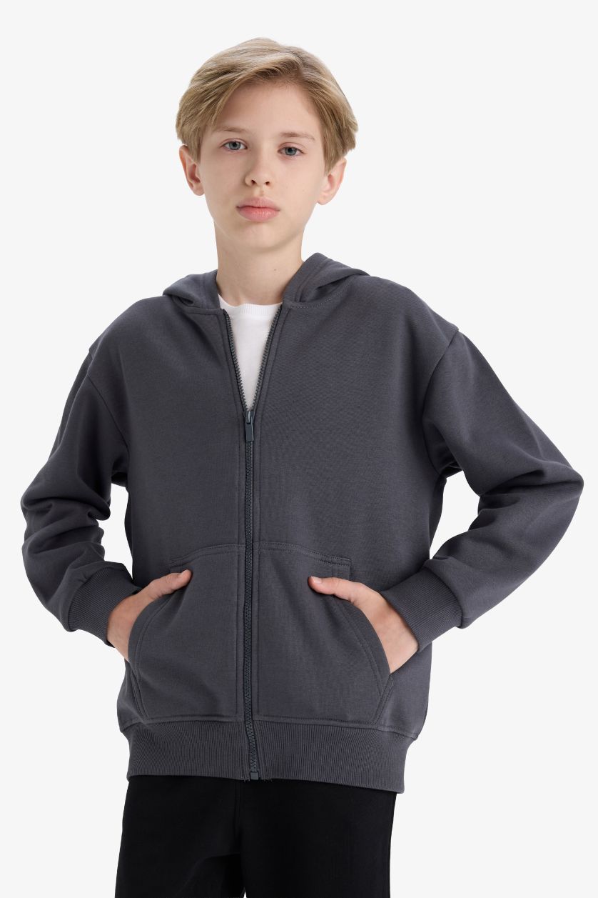 Erkek Çocuk - Genç Erkek Antrasit Kapüşonlu Basic Düz Okul Fermuarlı Sweatshirt Erkek Çocuk