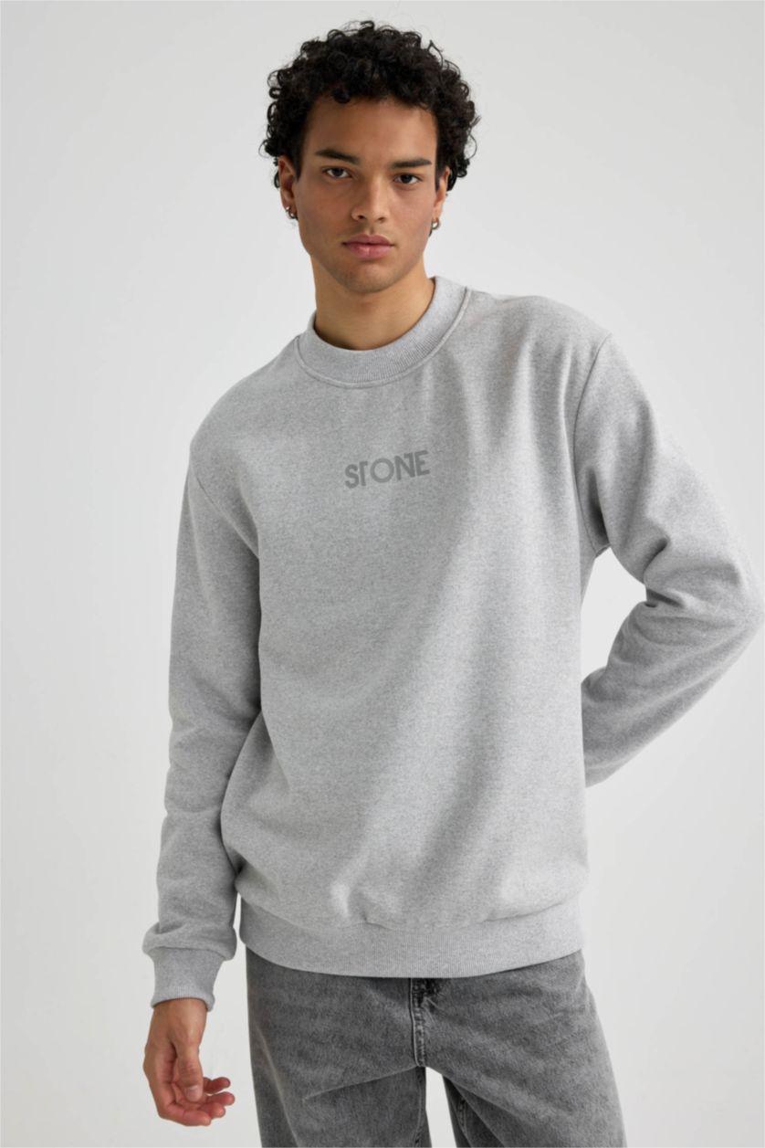 Мужчины Серый меланж Свитшот стандартного кроя с круглым вырезом с принтом
