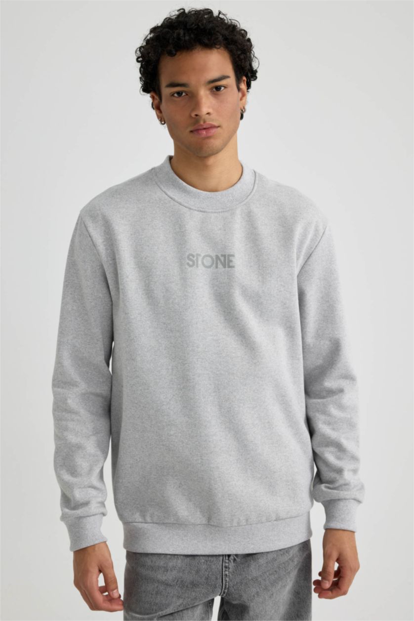 Мужчины Серый меланж Свитшот стандартного кроя с круглым вырезом с принтом