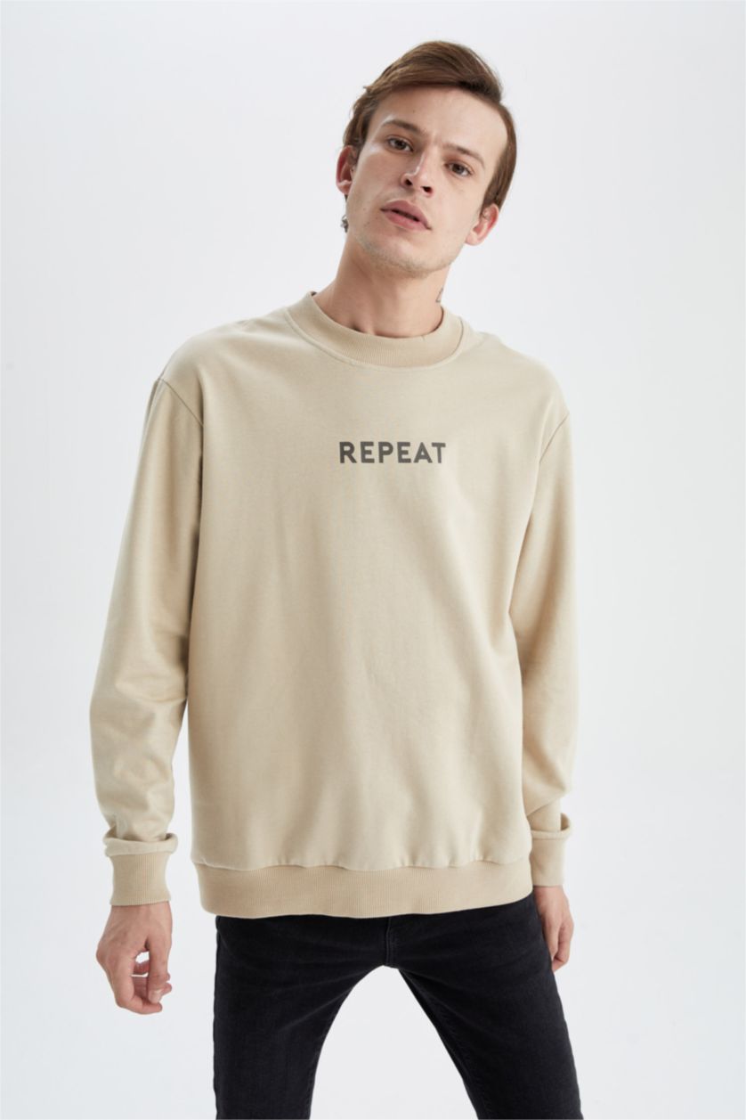 HOMME Beige Sweat- Shirt Coupe Régulière Col rond Imprimé Manche Longue