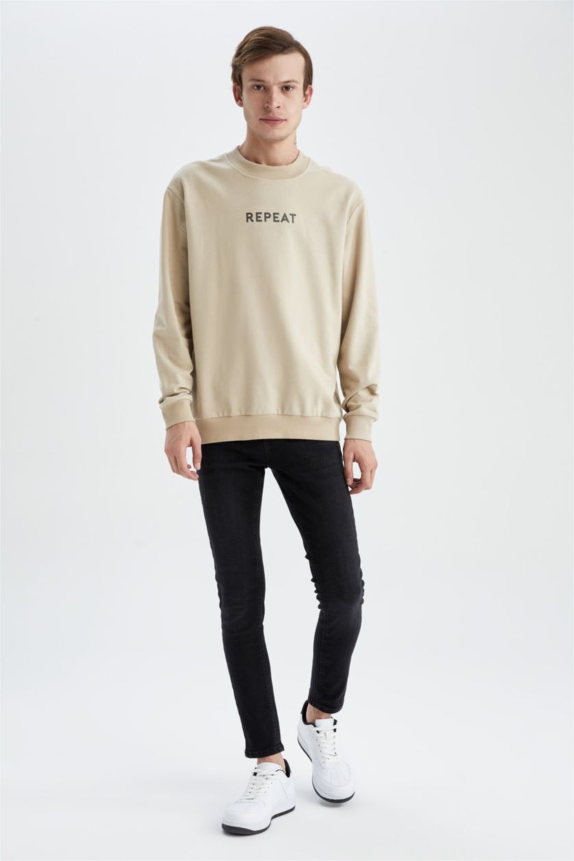 HOMME Beige Sweat- Shirt Coupe Régulière Col rond Imprimé Manche Longue