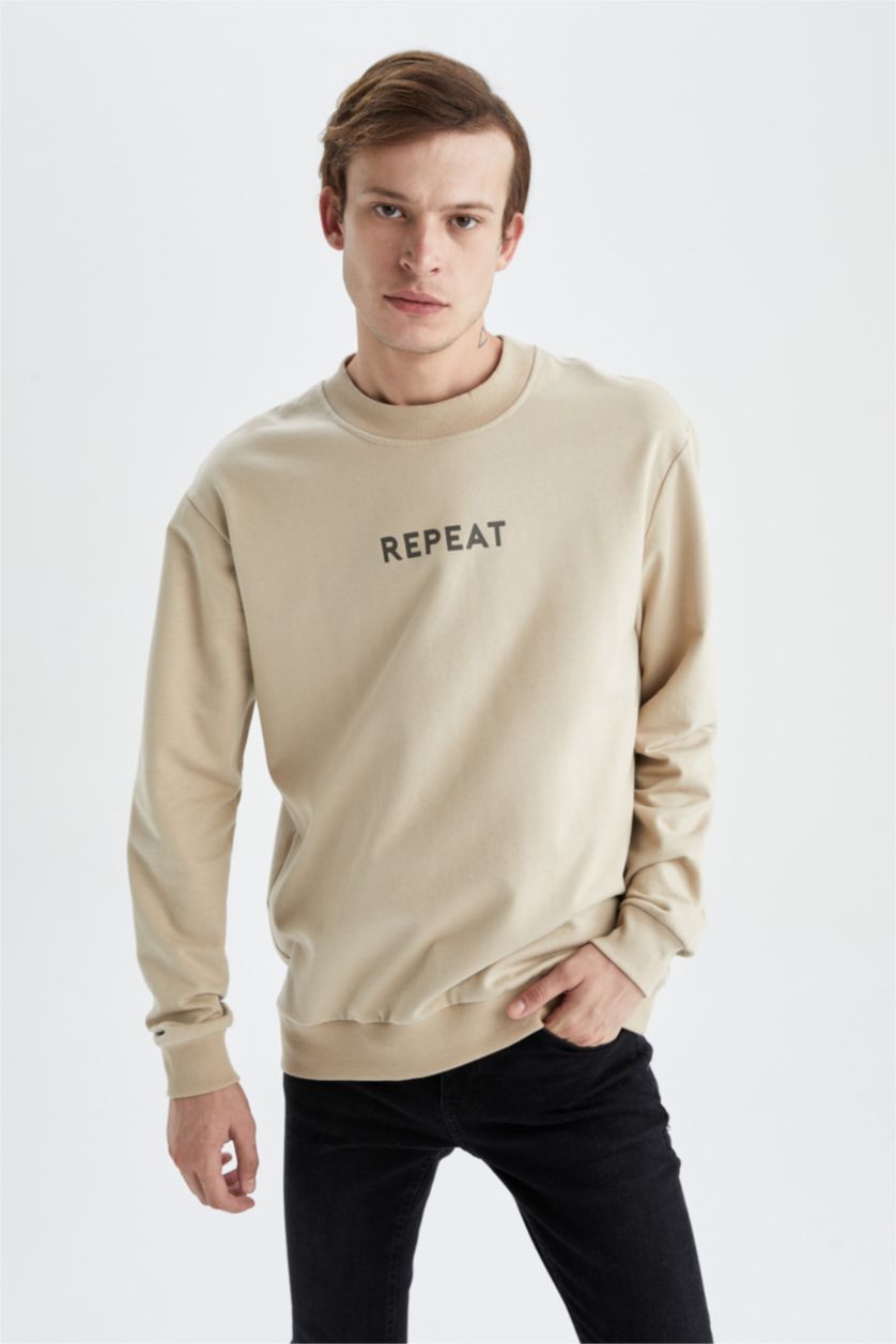 HOMME Beige Sweat- Shirt Coupe Régulière Col rond Imprimé Manche Longue