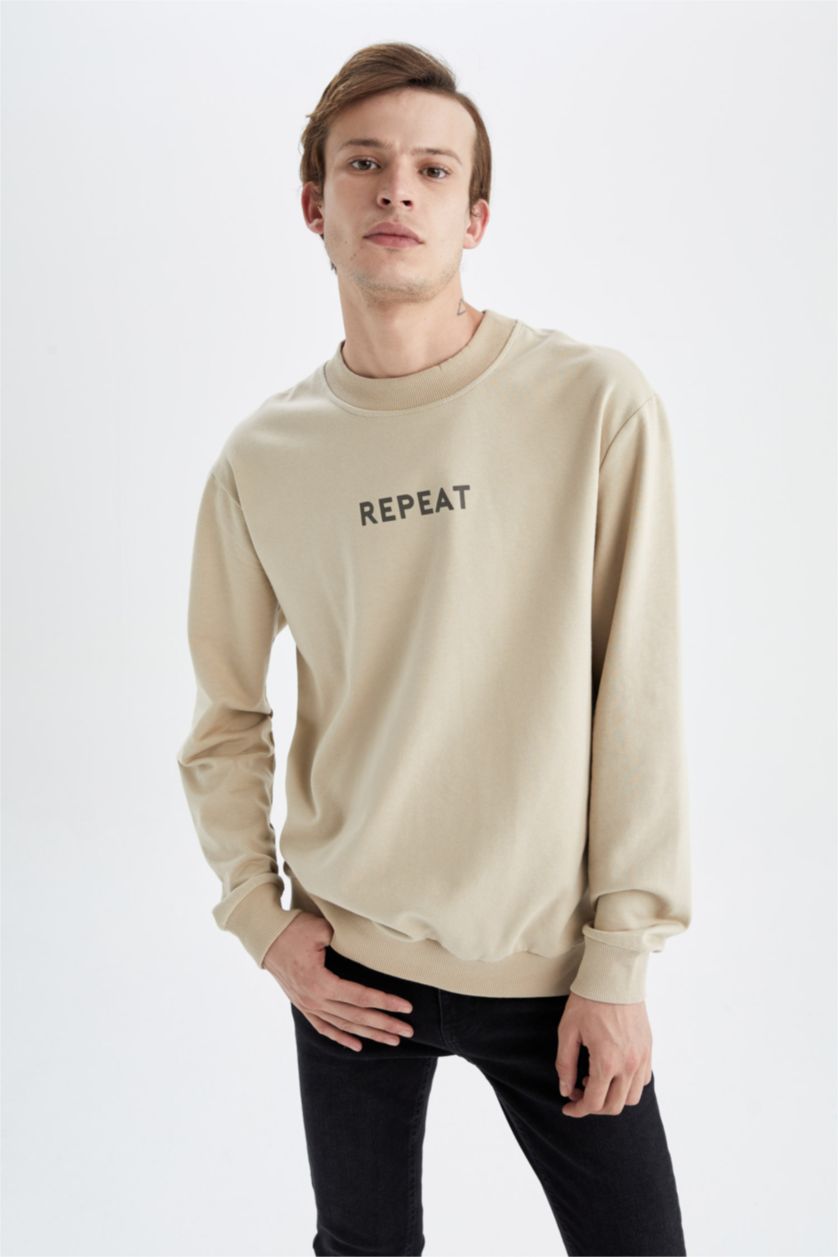 HOMME Beige Sweat- Shirt Coupe Régulière Col rond Imprimé Manche Longue