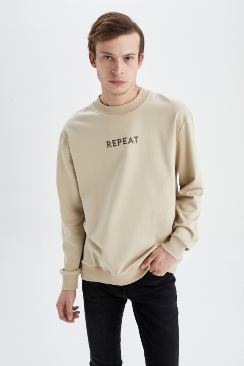 HOMME Beige Sweat- Shirt Coupe Régulière Col rond Imprimé Manche Longue