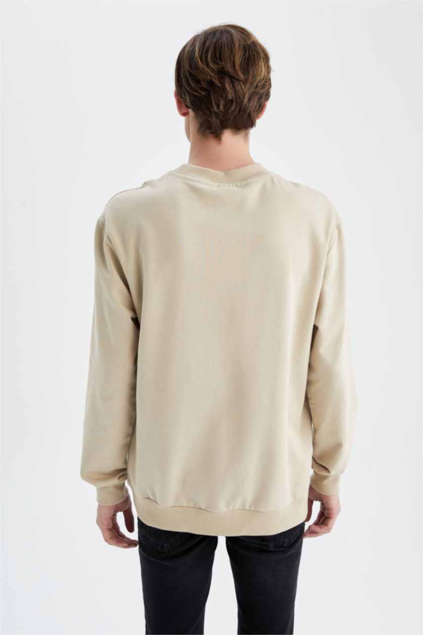 HOMME Beige Sweat- Shirt Coupe Régulière Col rond Imprimé Manche Longue