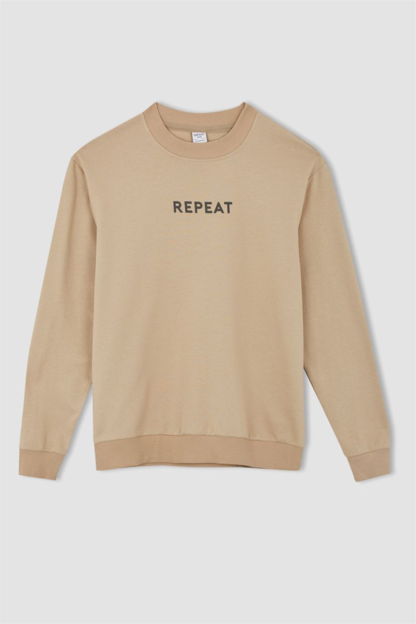 HOMME Beige Sweat- Shirt Coupe Régulière Col rond Imprimé Manche Longue