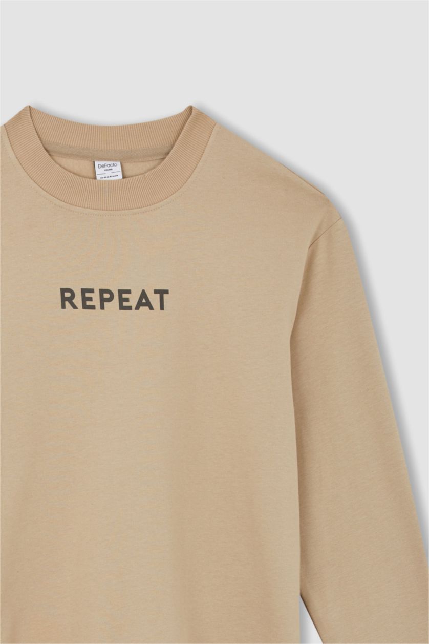 HOMME Beige Sweat- Shirt Coupe Régulière Col rond Imprimé Manche Longue