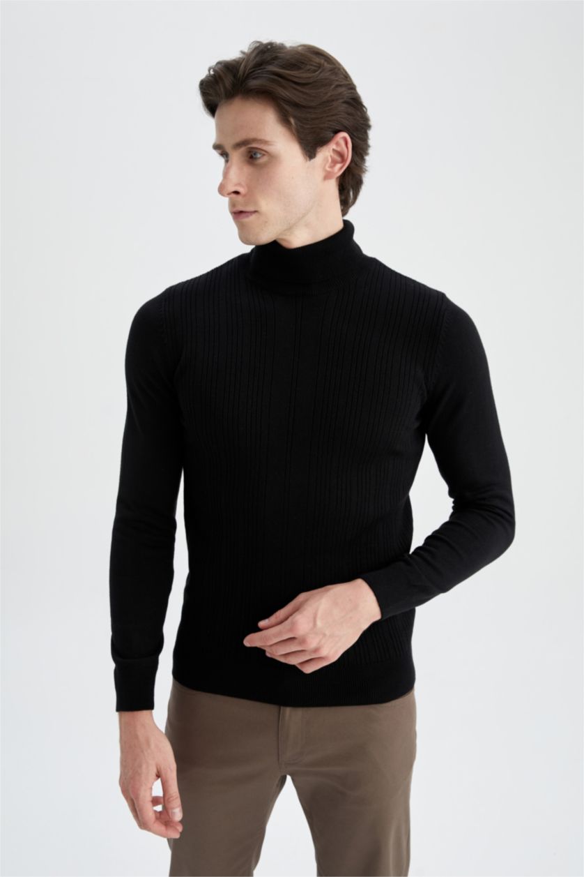 رجال أسود بلوفر تريكو بقصة ضيقة  بياقة مدورة