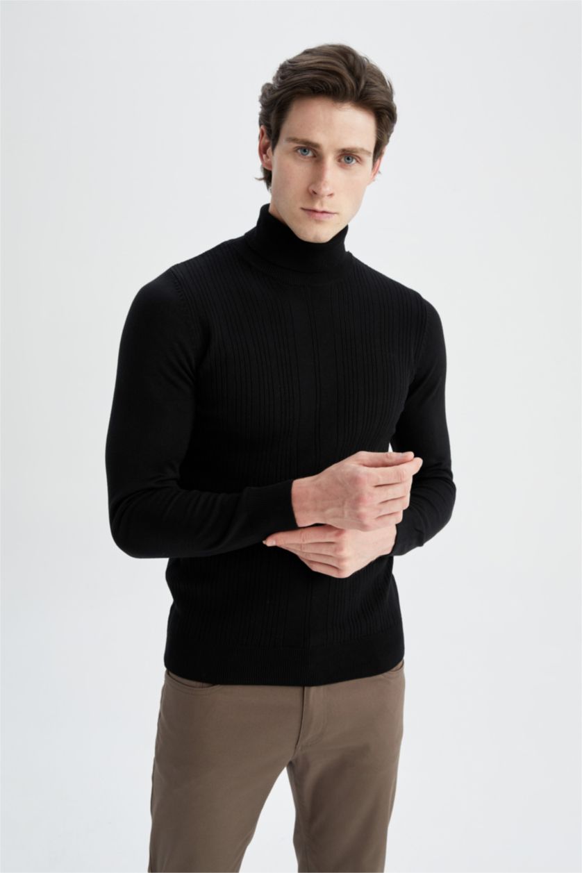 رجال أسود بلوفر تريكو بقصة ضيقة  بياقة مدورة