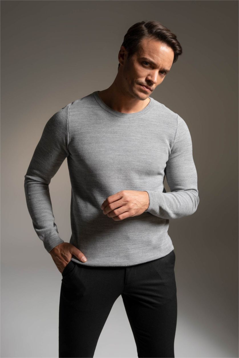 MAN Grey Melange Slim Fit Crew Neck Knitwear Pullover