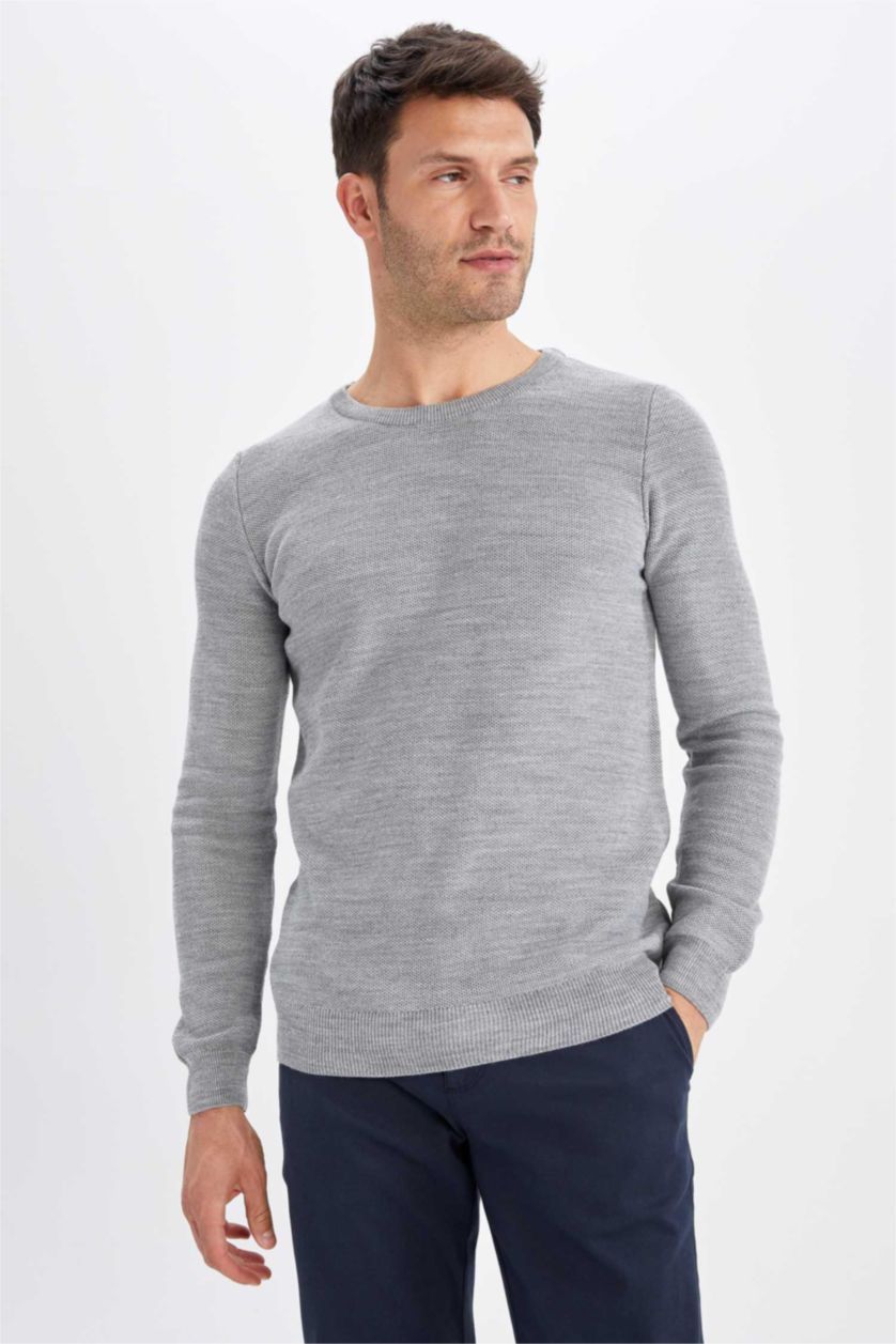 MAN Grey Melange Slim Fit Crew Neck Knitwear Pullover