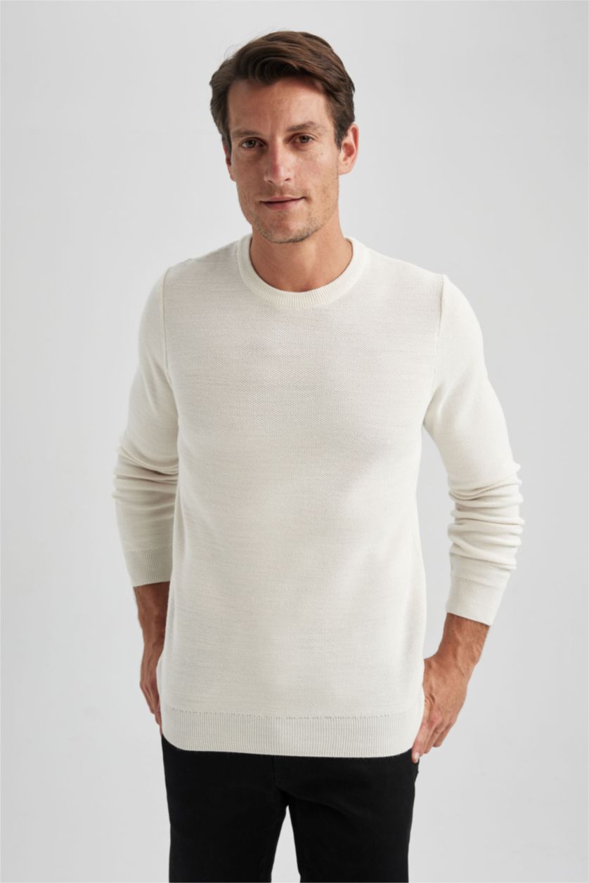 Чоловічий Слонова кістка Пуловер приталеного крою з круглим вирізом трикотажний для чоловіків