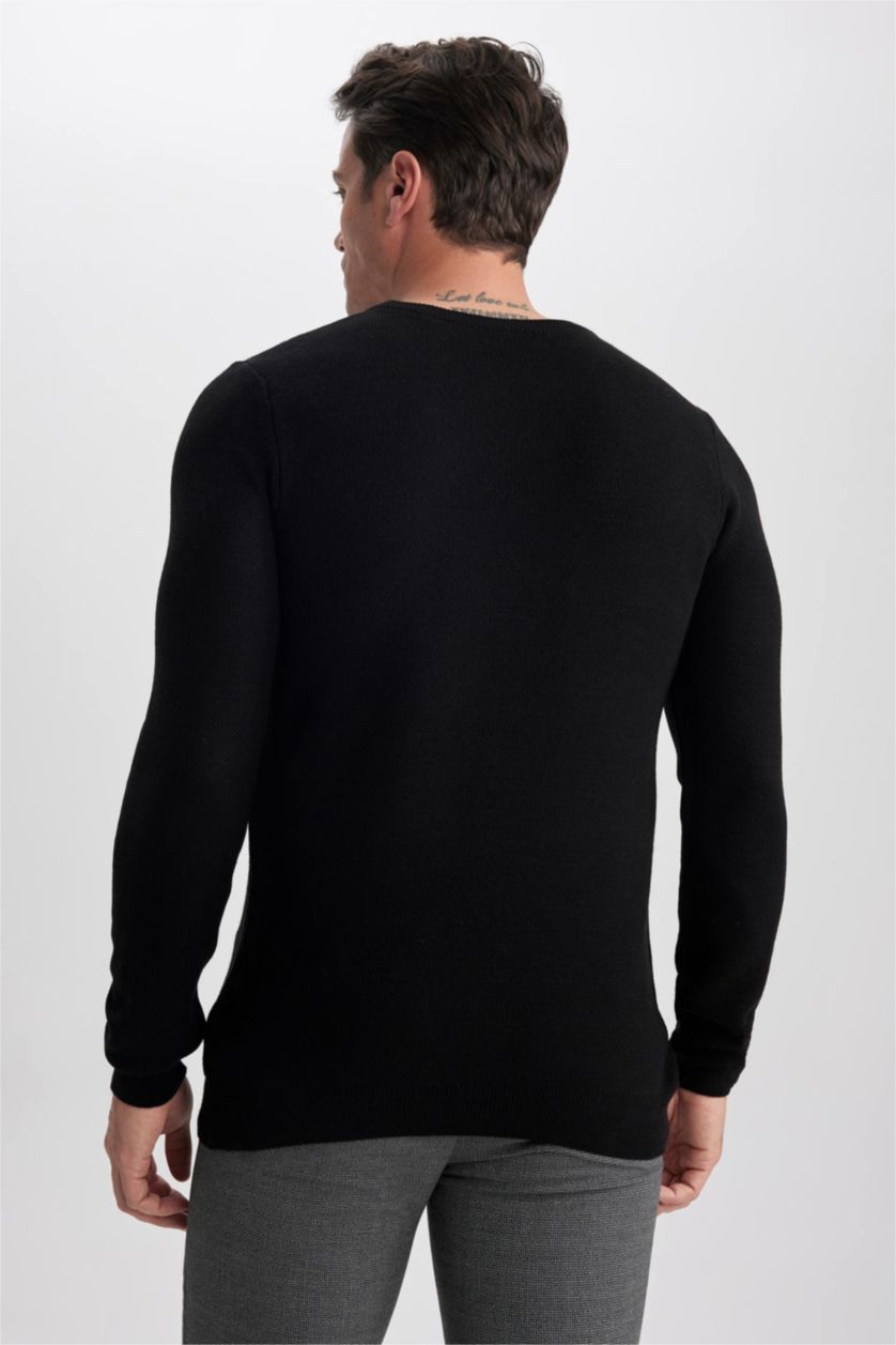 Чоловічий Чорний Пуловер приталеного крою з круглим вирізом трикотажний для чоловіків