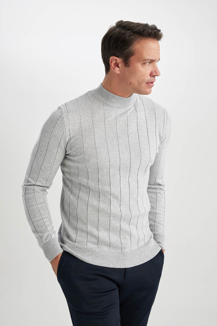 HOMME Gris Pull Tricot Slim à demi-col roulé