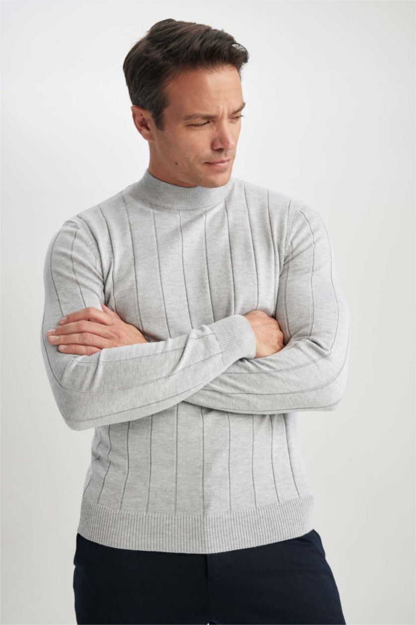 HOMME Gris Pull Tricot Slim à demi-col roulé