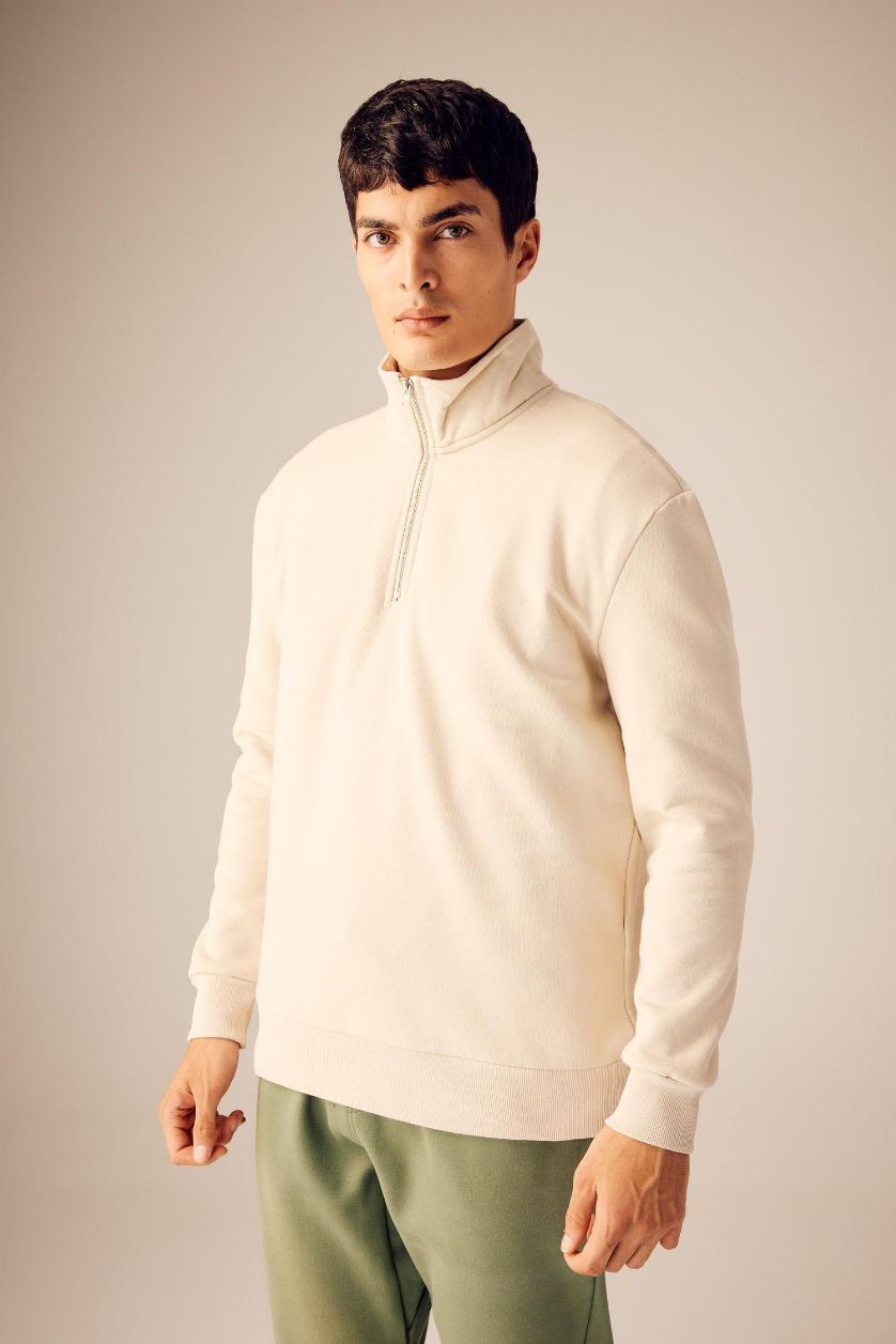 Erkek Bej Comfort Regular Fit Rahat Kalıp Fermuarlı Dik Yaka Basic Düz Sweatshirt